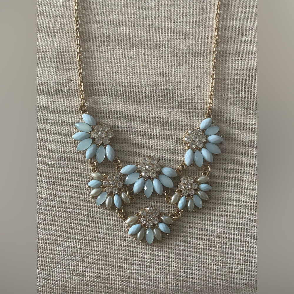 Mint Blue & Gold Floral Statement Bib Necklace - Rhinestone Flower Collar